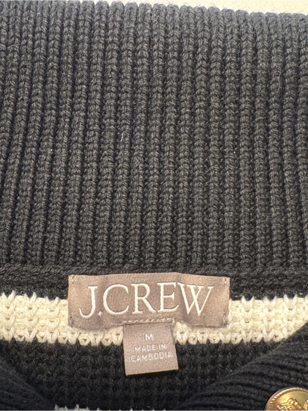 J. Crew Ribbed Cotton Button Collar Sweater Black White Stripe M Gold Buttons - Picture 8 of 8